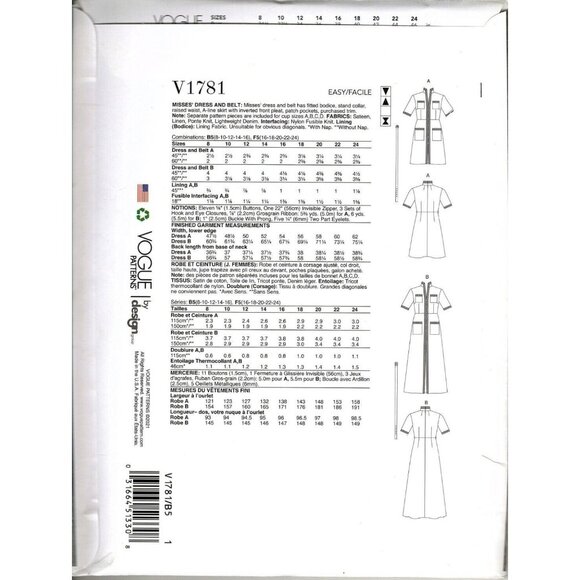 Vogue V1781 Misses 16 to 24 Button Front Dresses Uncut Sewing Pattern - Picture 2 of 2